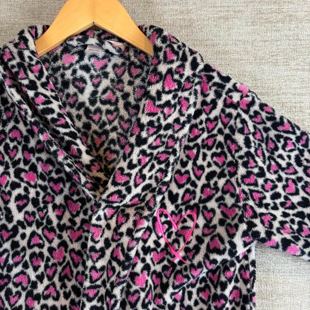 Y2K Victoria's Secret Cozy Short Plush Robe Pink Leopard Heart Womens XS/S Glam